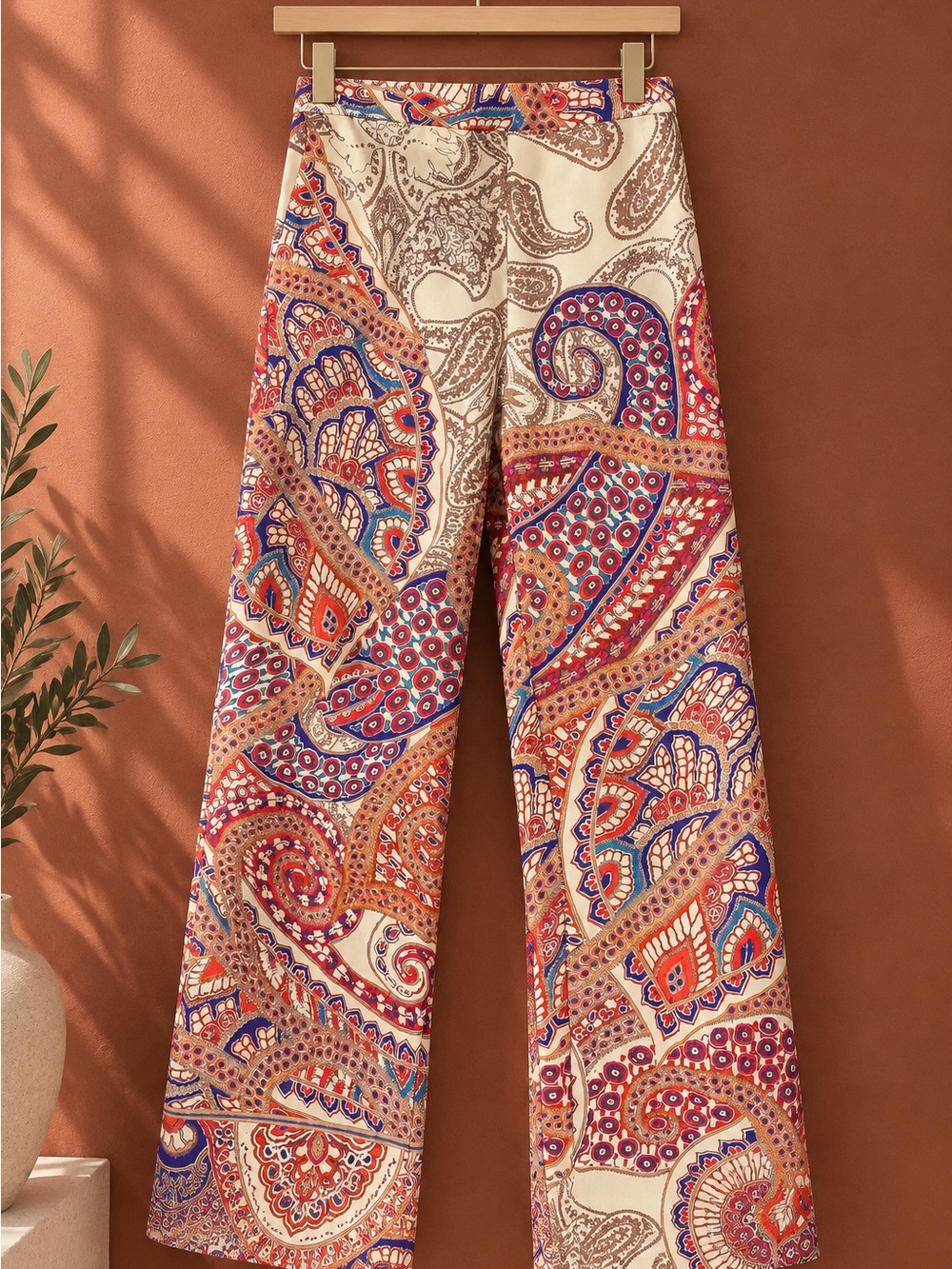 Zara Cream Paisley Wide-Leg Pants with Red & Blue Accents